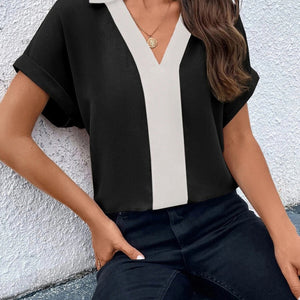 Women's Contrasting Color V-Neck Raglan Sleeve Lapel Loose Top