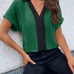 Women's Contrasting Color V-Neck Raglan Sleeve Lapel Loose Top