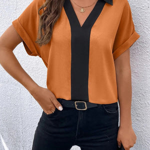 Women's Contrasting Color V-Neck Raglan Sleeve Lapel Loose Top