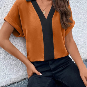 Women's Contrasting Color V-Neck Raglan Sleeve Lapel Loose Top