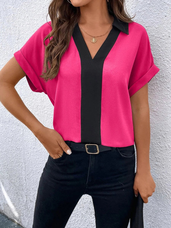 Women's Contrasting Color V-Neck Raglan Sleeve Lapel Loose Top