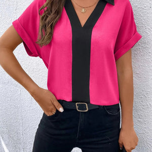 Women's Contrasting Color V-Neck Raglan Sleeve Lapel Loose Top