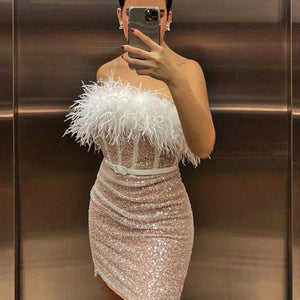 High Waist Sexy Sequin Dress One Shoulder Feather Dress Short Skirt