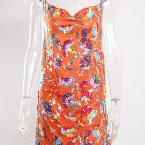 Sexy boat neck backless sequin floral chain women's sexy short dress