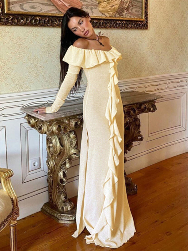 Women's fashionable one-piece neckline slim-fitting high-slit leg-showing long dress