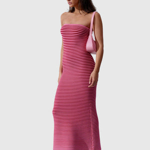 Tube top long knitted striped sexy slim fit hip-hugging dress