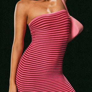 Tube top long knitted striped sexy slim fit hip-hugging dress