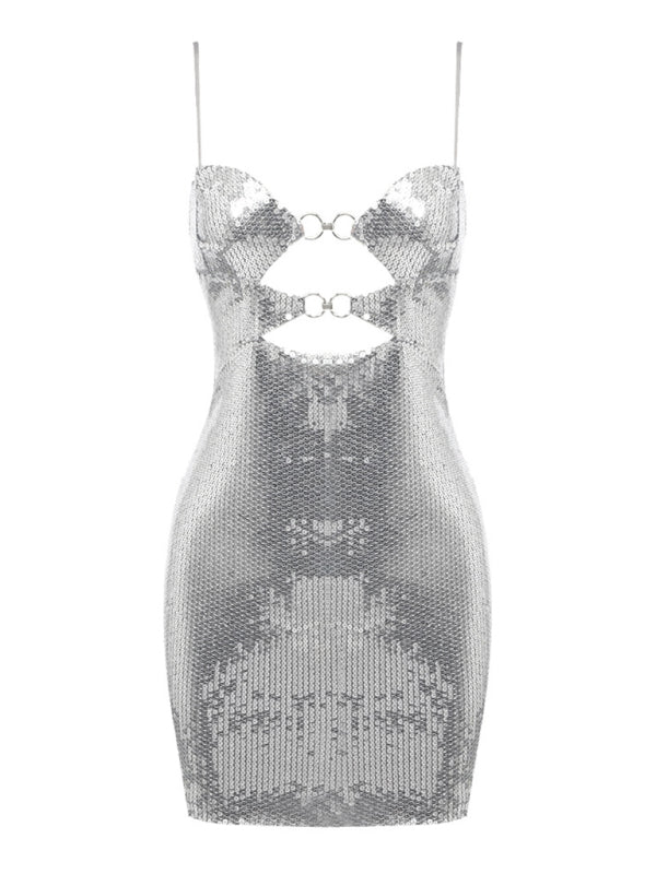 New fashion women's buckle silver sequin suspender skirt dress
