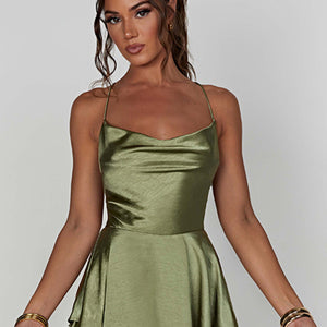 Women's new suspender satin backless strappy A-hem dress