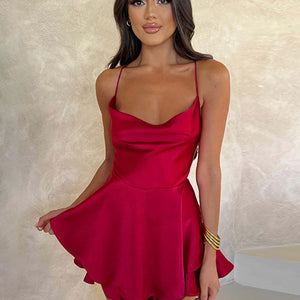 Women's new suspender satin backless strappy A-hem dress