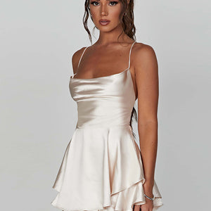 Women's new suspender satin backless strappy A-hem dress