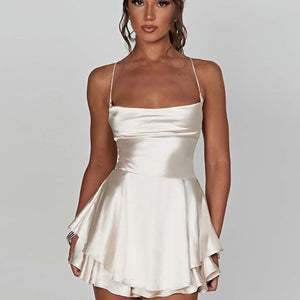 Women's new suspender satin backless strappy A-hem dress