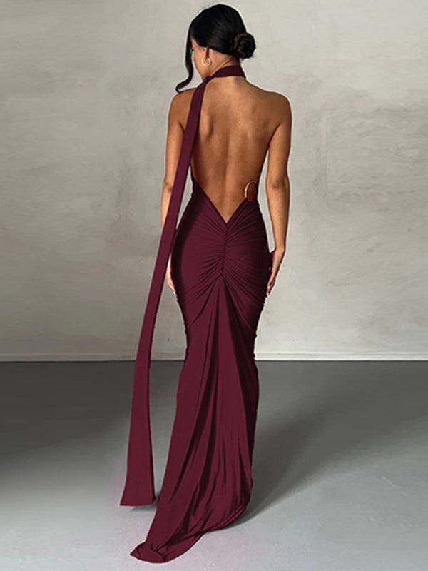 Feminine backless pleated slim fit sleeveless dress Global Fashions GC Feminine backless pleated slim fit sleeveless dress Global Fashions GC