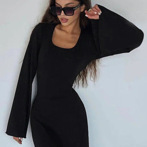 Feminine U-neck tie-back long-sleeved dress