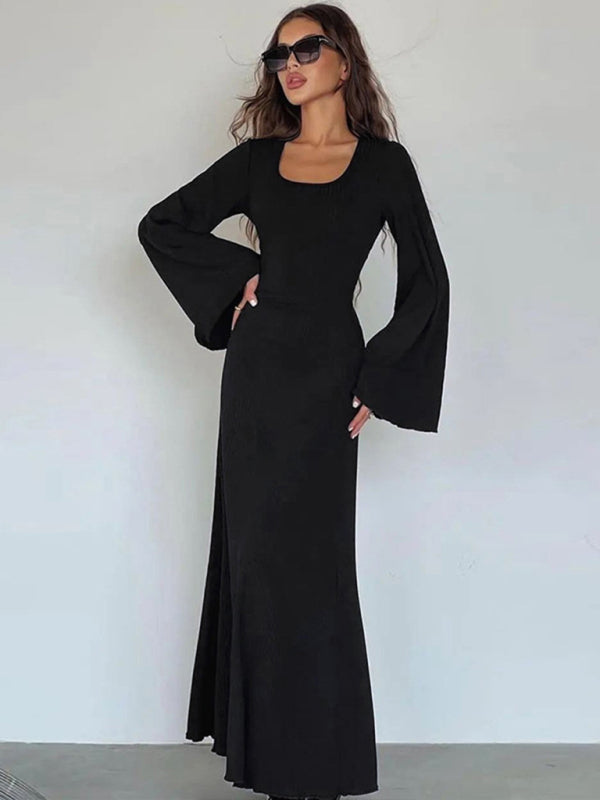 Feminine U-neck tie-back long-sleeved dress