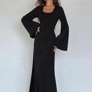 Feminine U-neck tie-back long-sleeved dress