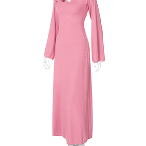 Feminine U-neck tie-back long-sleeved dress