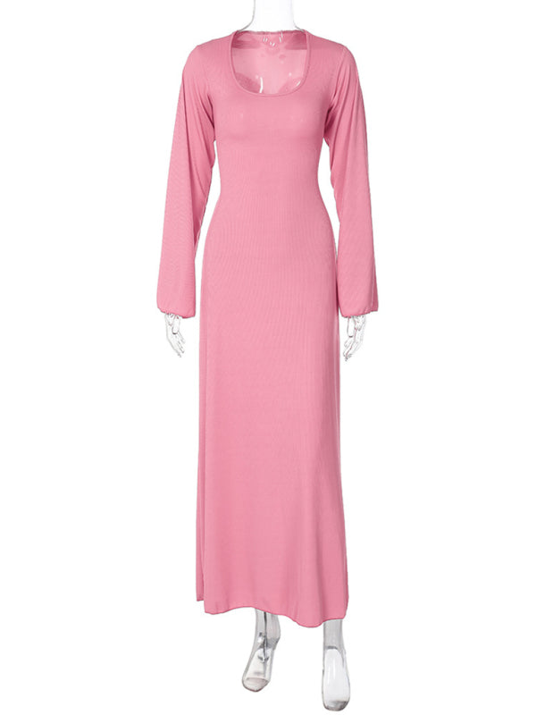 Feminine U-neck tie-back long-sleeved dress