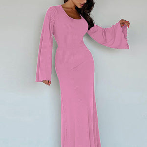 Feminine U-neck tie-back long-sleeved dress