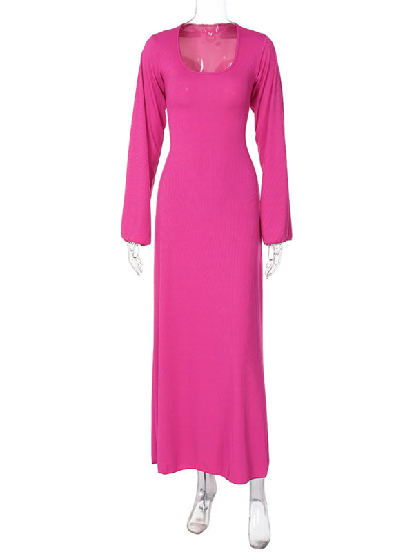 Feminine U-neck tie-back long-sleeved dress