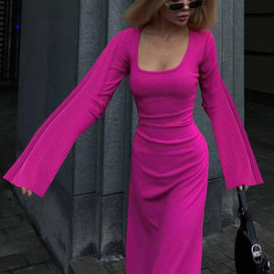 Feminine U-neck tie-back long-sleeved dress