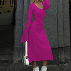 Feminine U-neck tie-back long-sleeved dress