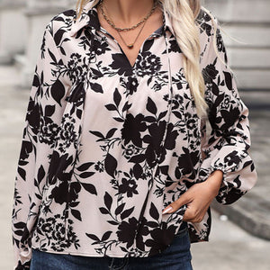 Women's new V-neck lace-up printed shirt