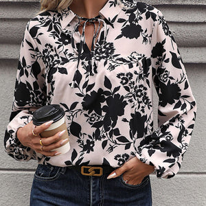 Women's new V-neck lace-up printed shirt