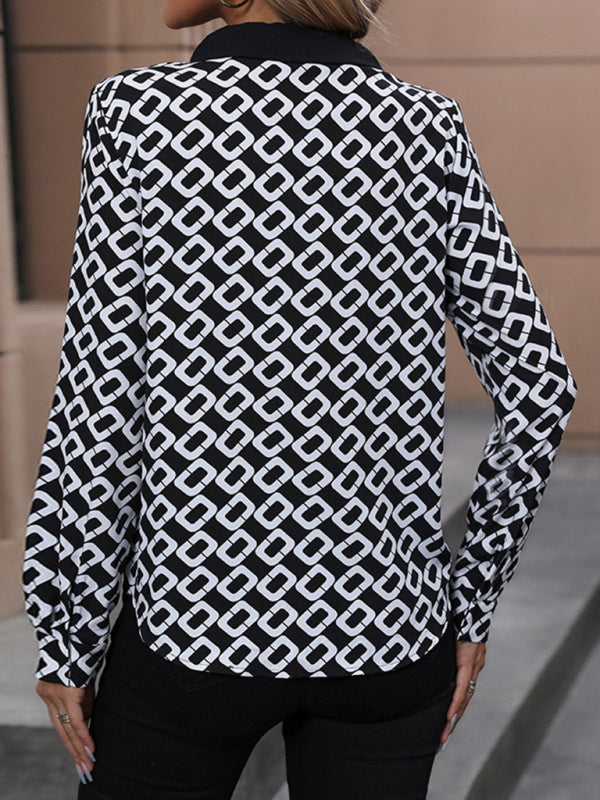 Women's new V-lapel printed long-sleeved shirt