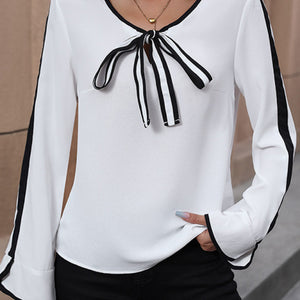 Lace-up bow shirt, long-sleeved contrast shirt