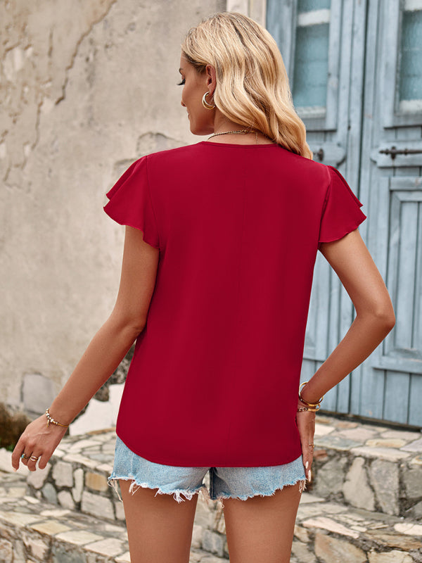 Solid color V-neck short-sleeved slim fit women's top