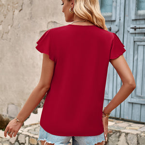 Solid color V-neck short-sleeved slim fit women's top