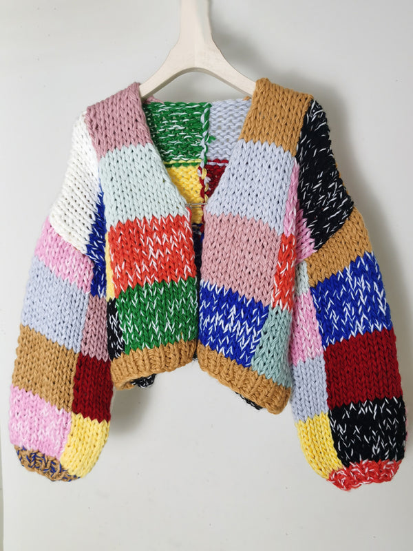 New retro contrast color rainbow plaid heavy handmade versatile cardigan sweater