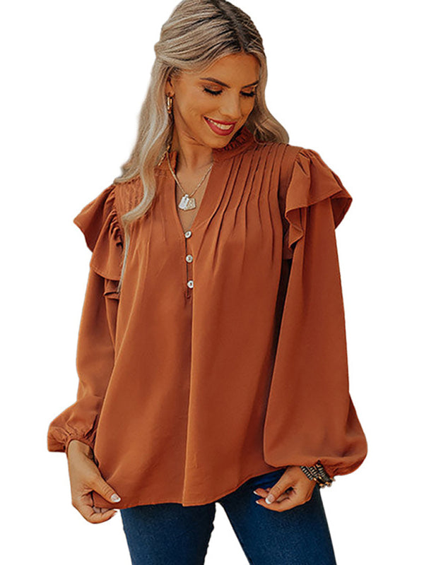 V-neck pullover lantern sleeves loose and fashionable ruffled button top