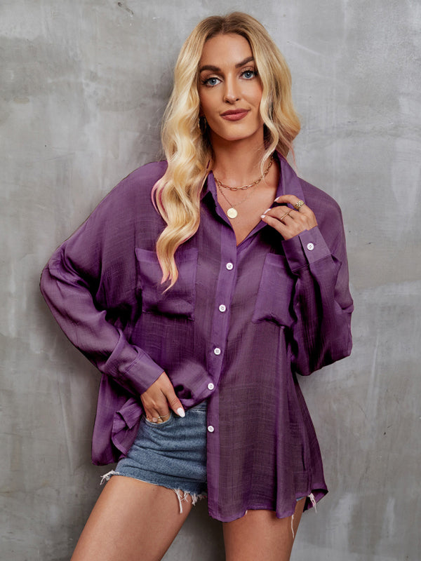 Women's Fashion Loose Long Sleeve Single Breasted Solid Color Shirt