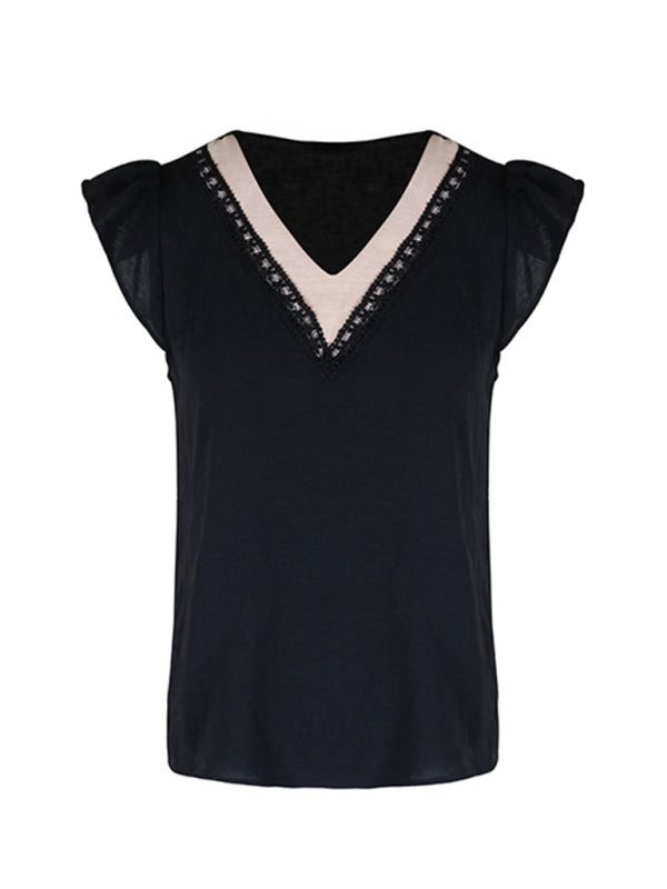 New style women's casual color block V-neck top