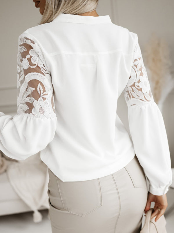Women's new solid color lace patchwork shirt
