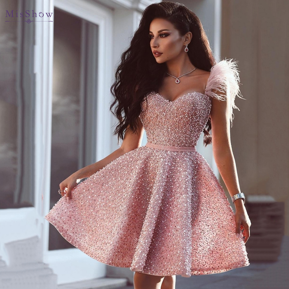 New Short Prom Dresses With Sweetheart Off the Shoulder Pearls Beaded Feather Fashion Graduation Cocktail Party Women Gown