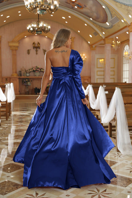 One-shoulder Long Sleeve Cocktail Dress Elegant sparkle satin formal dress Sweep Train Side Slit Party Woman Length Prom Dress