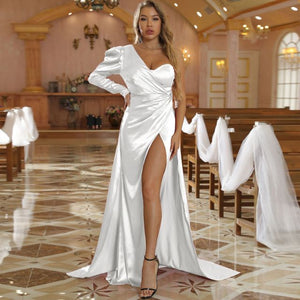 One-shoulder Long Sleeve Cocktail Dress Elegant sparkle satin formal dress Sweep Train Side Slit Party Woman Length Prom Dress
