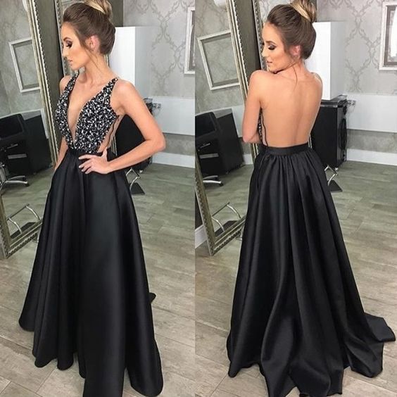 Deep V-neck Sequined Evening Robe Dress Fashion Elegant Backless Black Long Sweep train for Women Cocktail Prom Dress