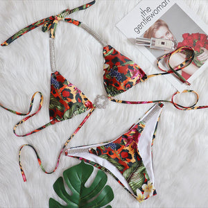 2022 New Sexy Ladies Swimwear Luxury Rhinestone Bikini Tropical Flower Swimsuit Fashion Beachwear