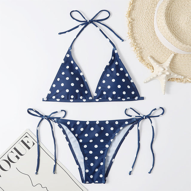 Two Pieces Dotted Triangle Low-Waist Thong Bikini Sets Sexy Lace Up Swimsuit Women Two Pieces Swimwear 2022 Beach Bathing Suit