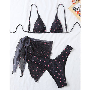 Floral Print Swimwear Mesh 3 Pieces Bikini Set Female Triangle Swimsuit Women String Swimming Suit Bathing Suit 2022