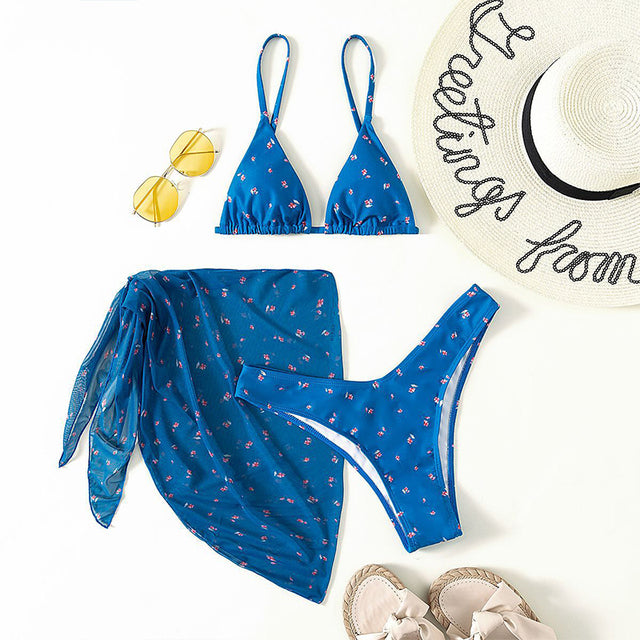 Floral Print Swimwear Mesh 3 Pieces Bikini Set Female Triangle Swimsuit Women String Swimming Suit Bathing Suit 2022