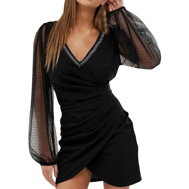 Mesh Long Sleeve Black Dress Women Rhinestone V-Neck Ruched Front Slit Global Fashions GC Mesh Long Sleeve Black Dress Women Rhinestone V-Neck Ruched Front Slit Global Fashions GC